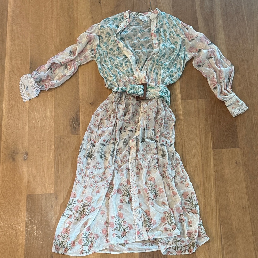 HEMANT & NANDITA Floral Long Sleeve Dress - Blue and Pink